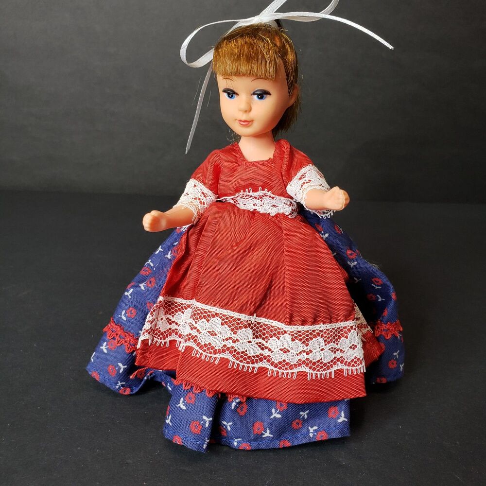 Vintage Made in Hong Kong Miniature Doll 6" in Red Bodice Dress with Shoes